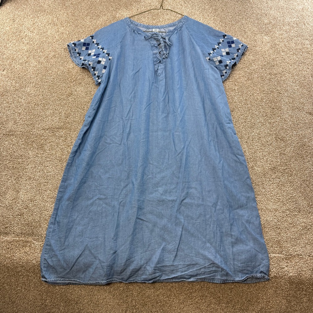 Old Navy Womens Large BlueChambray Lace Up Embroidered Sleeve Shift Dress Beachy